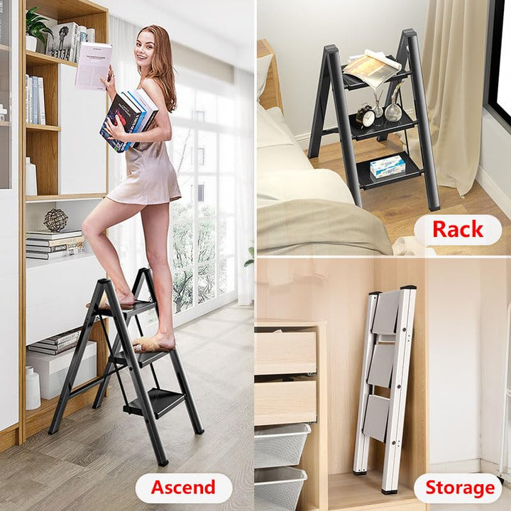 Doodad Aluminium Step Ladder for Home | Foldable & Portable Ladder for Home Improvement | Durable Wooden Color Stairs