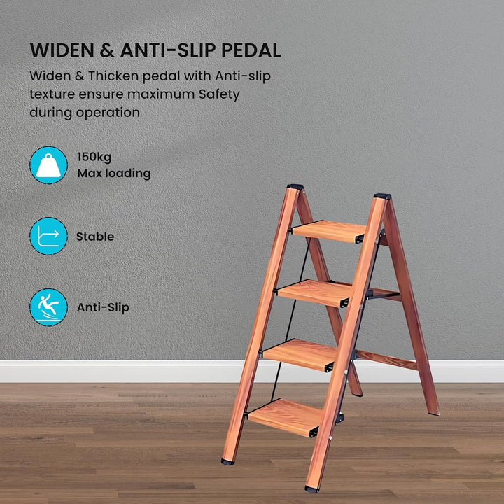 Doodad Aluminium Step Ladder for Home | Foldable & Portable Ladder for Home Improvement | Durable Wooden Color Stairs