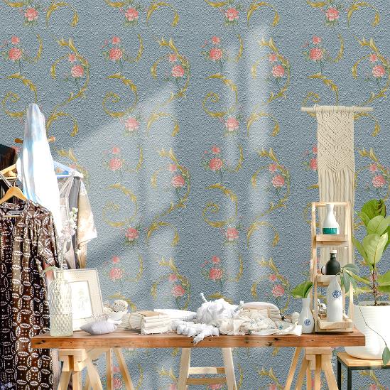 Detailed image of the blue floral design on Doodad Aqua Blossom Self-Adhesive DIY Wallpaper