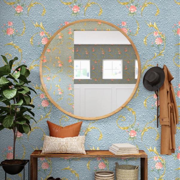 Close-up of Doodad Aqua Blossom Self-Adhesive Blue DIY Wallpaper showing floral pattern on a wall.