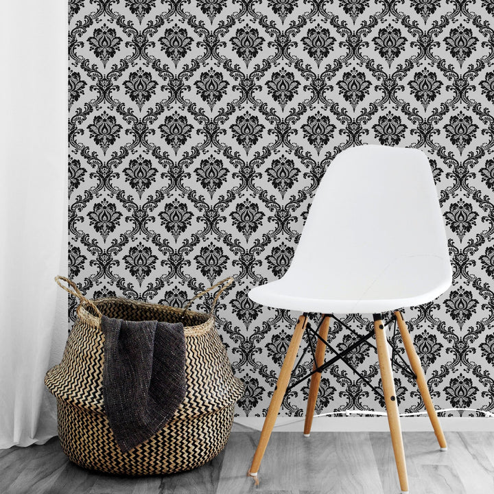 Full wall view of Doodad Floral Monochrome Premium Self-Adhesive Black DIY Wallpaper in a contemporary room.