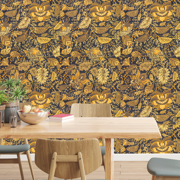 Doodad Gold Floral Self Adhesive Black DIY Wallpaper for Wall