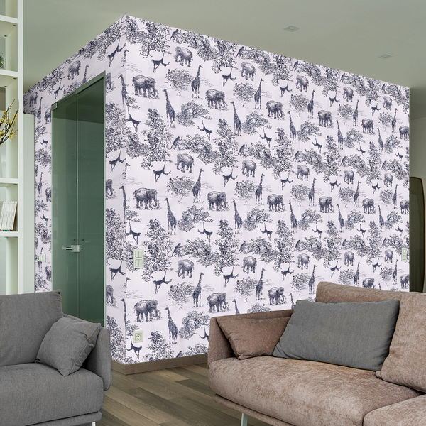 Doodad Animals Theme Self Adhesive Black and White DIY Wallpaper for Wall