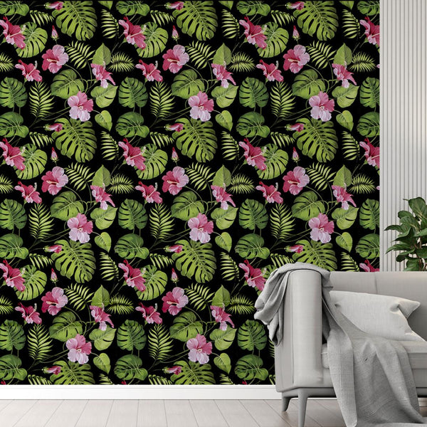 Doodad Green Hibiscus Floral leaf Self Adhesive DIY Wallpaper for Wall - Doodad