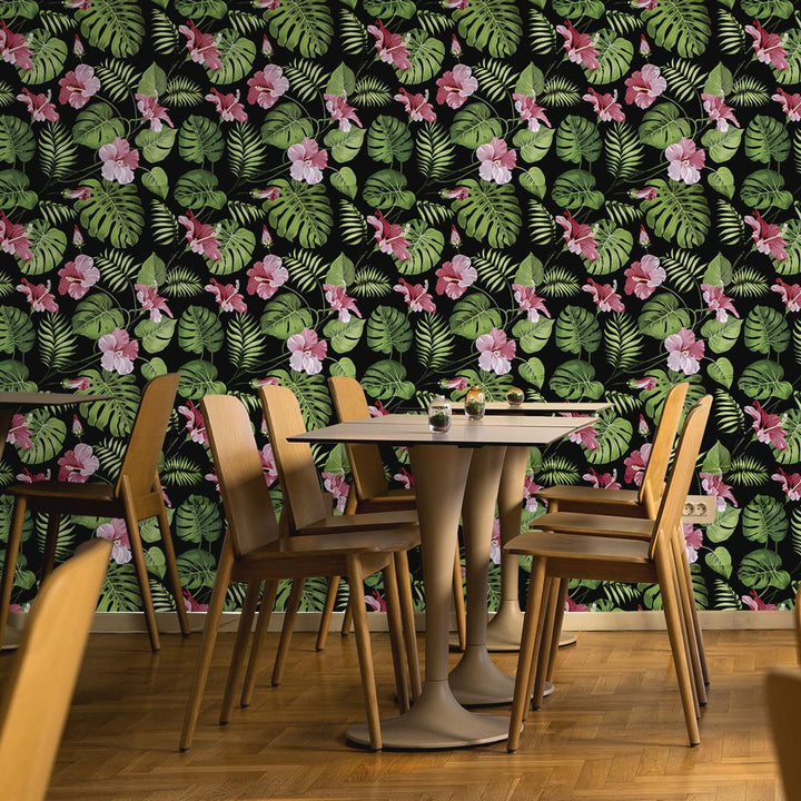 Doodad Green Hibiscus Floral leaf Self Adhesive DIY Wallpaper for Wall - Doodad