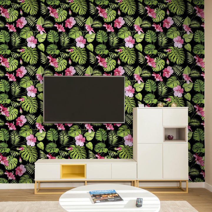 Doodad Green Hibiscus Floral leaf Self Adhesive DIY Wallpaper for Wall - Doodad