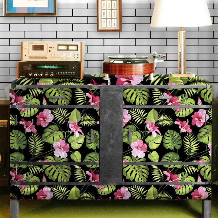 Doodad Green Hibiscus Floral leaf Self Adhesive DIY Wallpaper for Wall - Doodad