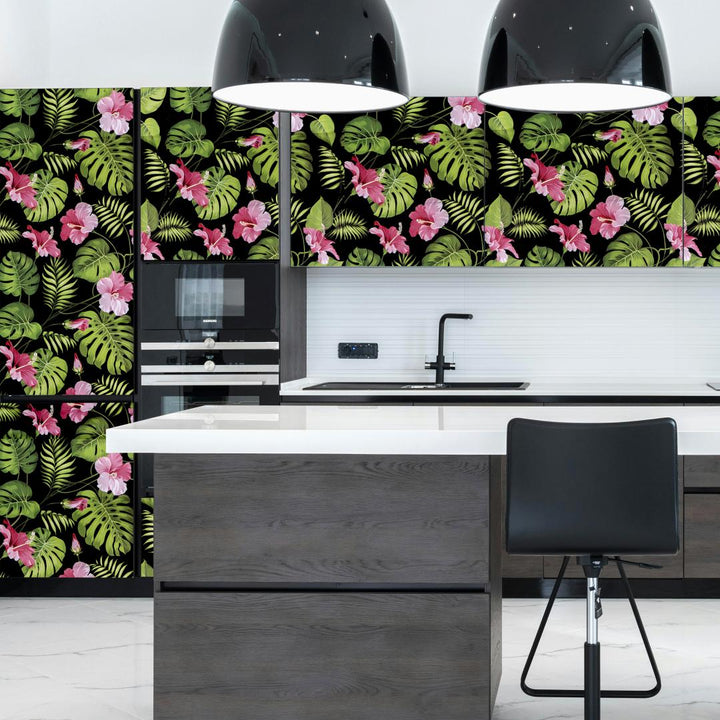 Doodad Green Hibiscus Floral leaf Self Adhesive DIY Wallpaper for Wall - Doodad